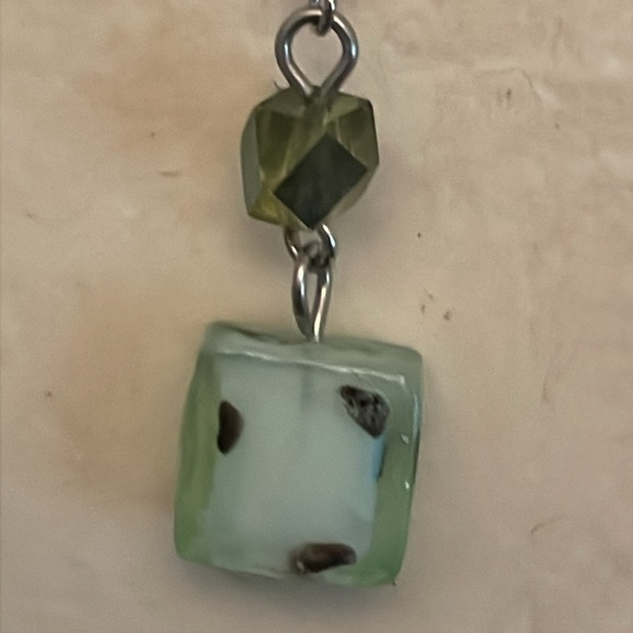 2” silver tone dangle drop earrings with teal green resin dice dangles on wires - Picture 9 of 12